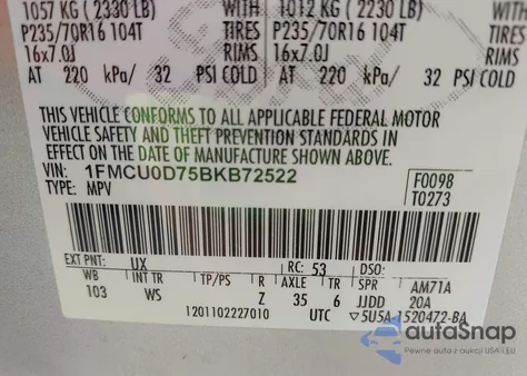 2011 Ford Escape Xlt из США, поврежденный, VIN 1FMCU0D75BKB72522